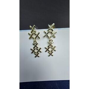 Gold Tone Cross Bar Dangle Drop Earrings Womens Geometric Pierced Statement